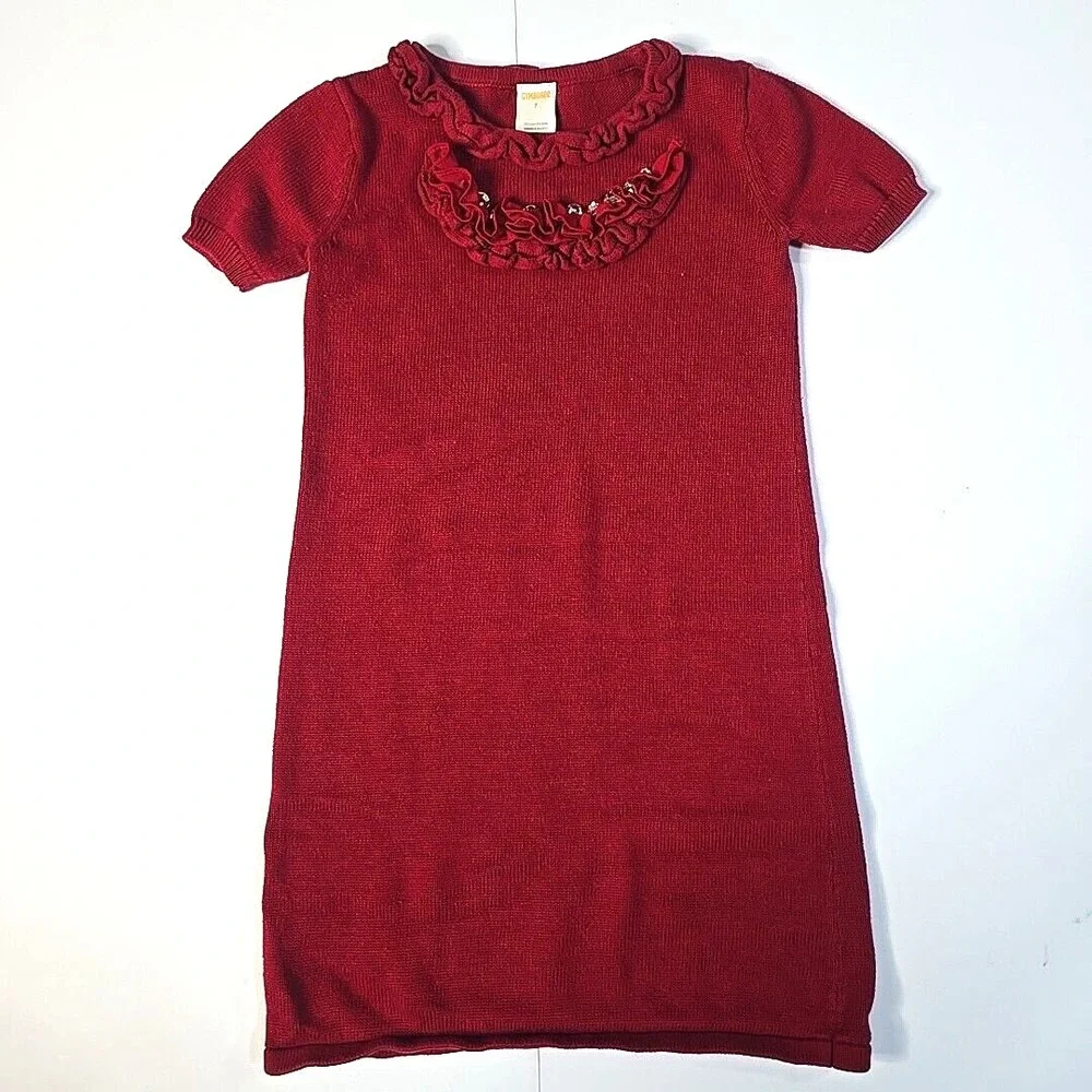Gymboree Sweater Dress Girls 7 Red Ruffle Rhinestone Holiday Festive Short Slv
